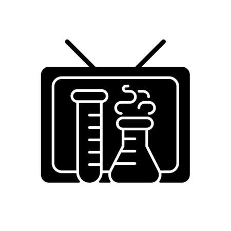 Scientific show black glyph icon. Educational TV series for learning science. Watching chemistry program on television channel. Silhouette symbol on white space. Vector isolated illustrationのイラスト素材