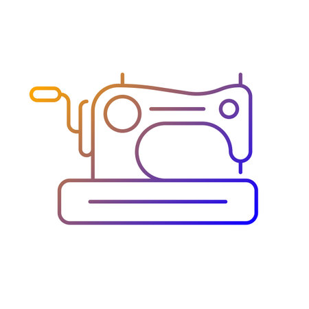 Antique sewing machine gradient linear vector icon. Collectible equipment with hand crank and treadle. Home appliance. Thin line color symbol. Modern style pictogram. Vector isolated outline drawingのイラスト素材