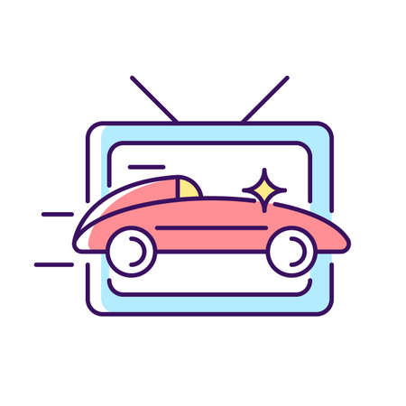 Car racing program RGB color icon. Auto driving competition on television broadcast. Live translation on TV screen for extreme sports. Isolated vector illustration. Simple filled line drawingのイラスト素材