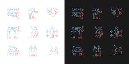 Effective communication gradient icons set for dark and light mode. Assertive speaker. Empathy. Thin line contour symbols bundle. Isolated vector outline illustrations collection on black and whiteのイラスト素材