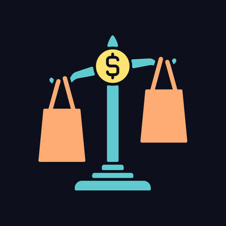 Comparison shopping RGB color icon for dark theme. Choice between price values in store. Financial literacy. Isolated vector illustration on night mode background. Simple filled line drawing on blackのイラスト素材