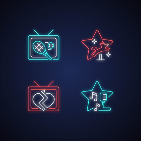Television series genres neon light icons set. Pet training. Sports program, tennis broadcast. Soap opera. Open mic show. Signs with outer glowing effect. Vector isolated RGB color illustrationsのイラスト素材