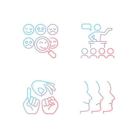 Building relationships with people gradient linear vector icons set. Reading emotions. Hand gestures. Facial expressions. Thin line contour symbols bundle. Isolated outline illustrations collectionのイラスト素材