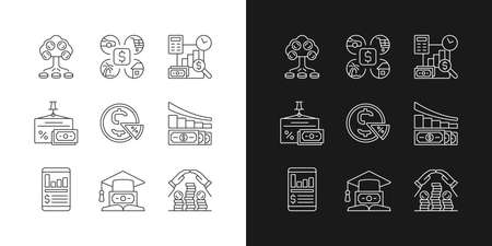 Finance linear icons set for dark and light mode. Money investment. Business report. Financial literacy. Customizable thin line symbols. Isolated vector outline illustrations. Editable strokeのイラスト素材