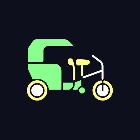 Tricycle taxi RGB color icon for dark theme. Tri-wheeled bicycle rickshaw. Bike taxi with passenger cart. Isolated vector illustration on night mode background. Simple filled line drawing on blackのイラスト素材