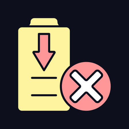 Dont fully drain battery RGB color manual label icon for dark theme. Isolated vector illustration on night mode background. Simple filled line drawing on black for product use instructionsのイラスト素材