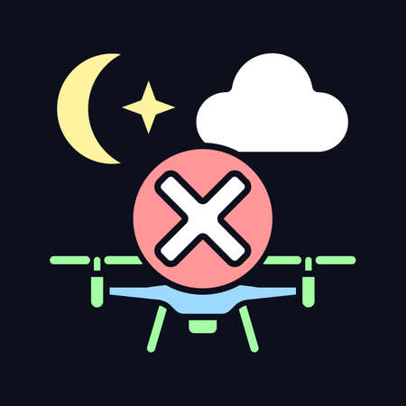 Dont fly drone at night RGB color manual label icon for dark theme. Isolated vector illustration on night mode background. Simple filled line drawing on black for product use instructionsのイラスト素材