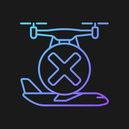 Dont fly near aircrafts gradient vector manual label icon for dark theme. Avoid airports. Thin line color symbol. Modern style pictogram. Vector isolated outline drawing for product use instructionsのイラスト素材