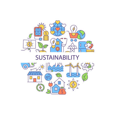 Sustainability abstract color concept layout with headline. World ecology. Alternative power generation source. Sustainability creative idea. Isolated vector filled contour icons for web backgroundのイラスト素材
