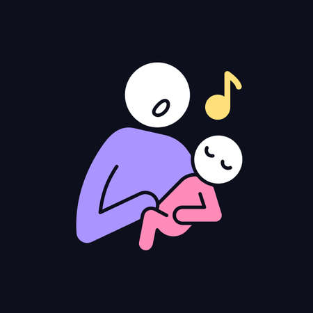 Singing to baby RGB color icon for dark theme. Infant-directed song. Parent voice. Sing lullabies to newborn. Isolated vector illustration on night mode background. Simple filled line drawing on blackのイラスト素材