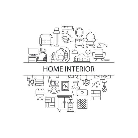 Home interior abstract linear concept layout with headline. Furniture and house decor minimalistic idea. Cozy lifestyle. Thin line graphic drawings. Isolated vector contour icons for backgroundのイラスト素材