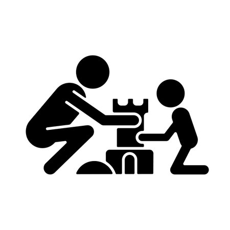 Making sandcastles black glyph icon. Develop child creativity. Outdoor family bonding time. Enjoy summer vacation on beach. Silhouette symbol on white space. Vector isolated illustrationのイラスト素材