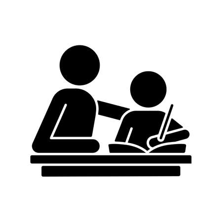 Helping with homework black glyph icon. Praising, encouraging child to study. Parental involvement. Enhancing academic performance. Silhouette symbol on white space. Vector isolated illustrationのイラスト素材