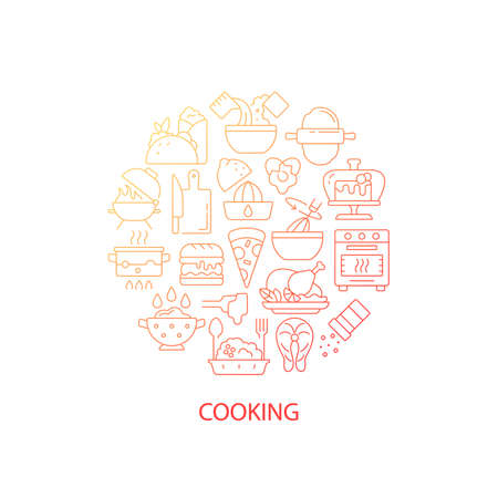 Food cooking abstract gradient linear concept layout with headline. Recipe for preparing lunch. Culinary minimalistic idea. Thin line graphic drawings. Isolated vector contour icons for backgroundのイラスト素材