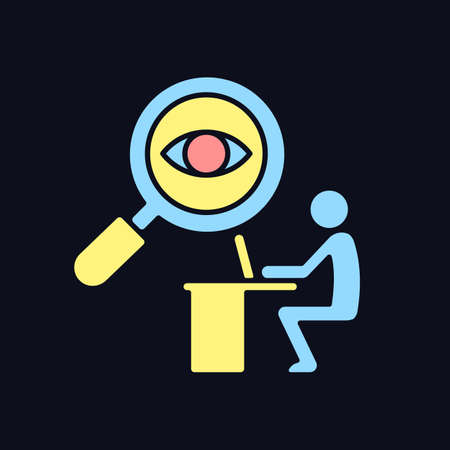 Control RGB color icon for dark theme. Boost employee productivity. Observe employee activity. Isolated vector illustration on night mode background. Simple filled line drawing on black.のイラスト素材