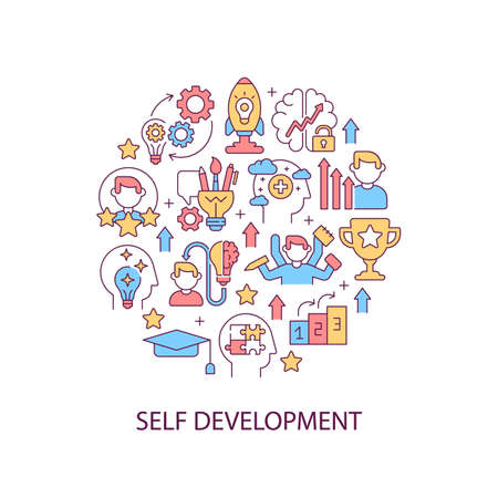 Self development abstract color concept layout with headline. Innovating project. Starting company. Personal improvement creative idea. Isolated vector filled contour icons for web backgroundのイラスト素材