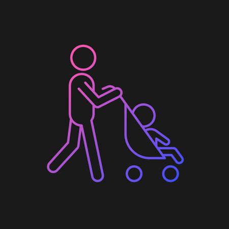 Walking with stroller gradient vector icon for dark theme. Bonding time with newborn. Walk with baby carriage. Thin line color symbol. Modern style pictogram. Vector isolated outline drawingのイラスト素材