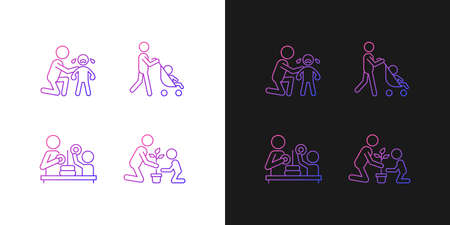 Parental involvement gradient icons set for dark and light mode. Comforting crying child. Thin line contour symbols bundle. Isolated vector outline illustrations collection on black and whiteのイラスト素材