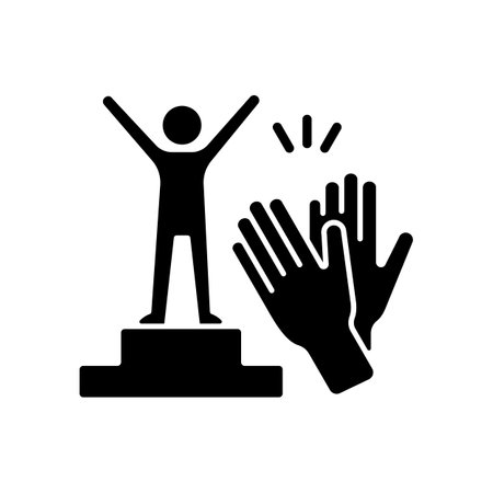 Recognition and approval motivation black glyph icon. Seeking for praise and appreciation. Extrinsic motivation. Employee engagement. Silhouette symbol on white space. Vector isolated illustrationのイラスト素材