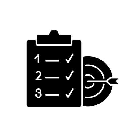 Clear goals black glyph icon. Set realistic and unambiguous aim. Reach goal step by step within timeline. Aim accomplishment. Silhouette symbol on white space. Vector isolated illustrationのイラスト素材