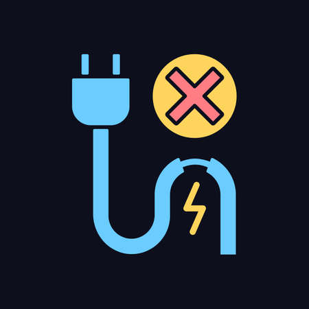 Do not use when damaged cable RGB color manual label icon for dark theme. Isolated vector illustration on night mode background. Simple filled line drawing on black for product use instructionsのイラスト素材