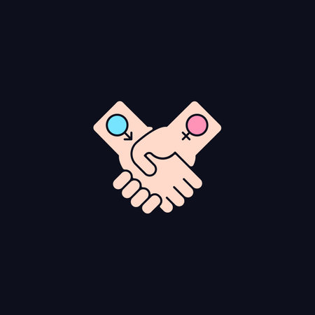 Equitable relationships RGB color icon for dark theme. Partnership between women and men. Human rights. Isolated vector illustration on night mode background. Simple filled line drawing on blackのイラスト素材