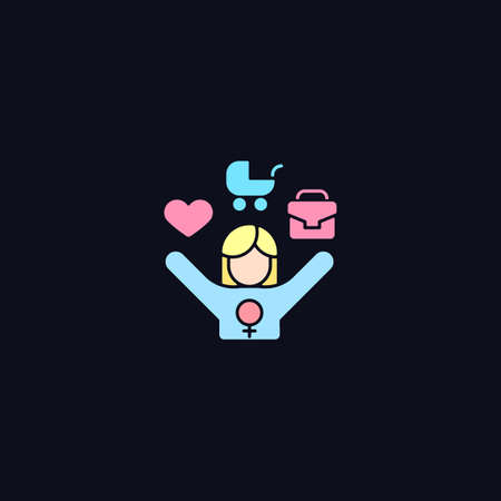 Work-life balance for female employee RGB color icon for dark theme. Double standard. Full-time working mom. Isolated vector illustration on night mode background. Simple filled line drawing on blackのイラスト素材