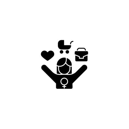 Work-life balance for female employee black glyph icon. Full-time working mom. Balancing job and family life. Double standard. Silhouette symbol on white space. Vector isolated illustrationのイラスト素材