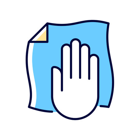 Wipe with a dry cloth RGB color manual label icon. Clean vr equipment with non alcohol wipes. Vr headset hygiene. Isolated vector illustration. Simple filled line drawing for product use instructionsのイラスト素材