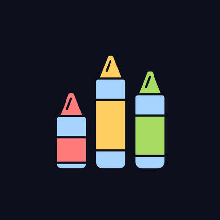 Crayons RGB color icon for dark theme. Art classroom. Use for drawing, coloring. Paraffin wax, color pigment. Isolated vector illustration on night mode background. Simple filled line drawing on blackのイラスト素材