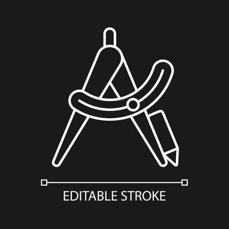 Compass tool white linear icon for dark theme. Drafting instrument. Inscribing circles. Thin line customizable illustration. Isolated vector contour symbol for night mode. Editable strokeのイラスト素材