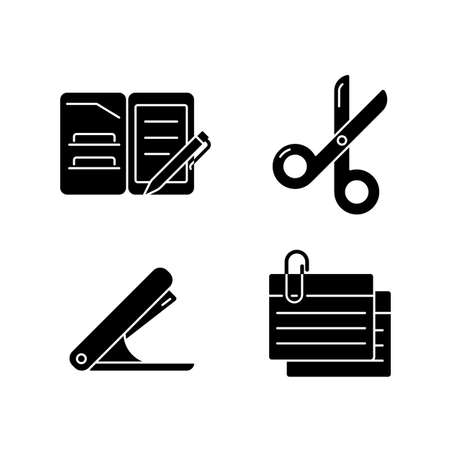 Office stationery supplies black glyph icons set on white space. Portfolio folder. Scissors for paper cutting. Stapling device. Index cards. Silhouette symbols. Vector isolated illustrationのイラスト素材