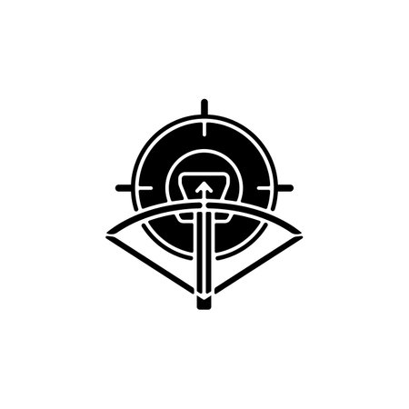 Hunting with crossbow black glyph icon. Archery season. Use camouflage and game call to attract prey. Pursue and kill wild animal. Silhouette symbol on white space. Vector isolated illustrationのイラスト素材