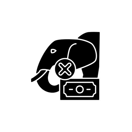 Illegal wildlife trade black glyph icon. Wild animals trafficking. Poaching. Unlawful elephant and tiger killing. Ivory and skin trade. Silhouette symbol on white space. Vector isolated illustrationのイラスト素材