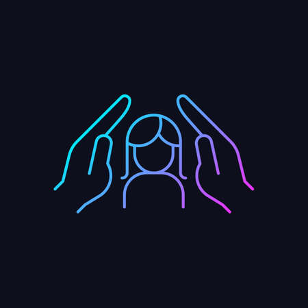 Women protection gradient vector icon for dark theme. Protect girls against violence. Female empowerment. Women safety. Thin line color symbol. Modern style pictogram. Vector isolated outline drawingのイラスト素材