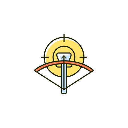 Hunting with crossbow RGB color icon. Archery season. Use camouflage and game call to attract prey. Pursue and kill wild animal. Isolated vector illustration. Simple filled line drawingのイラスト素材