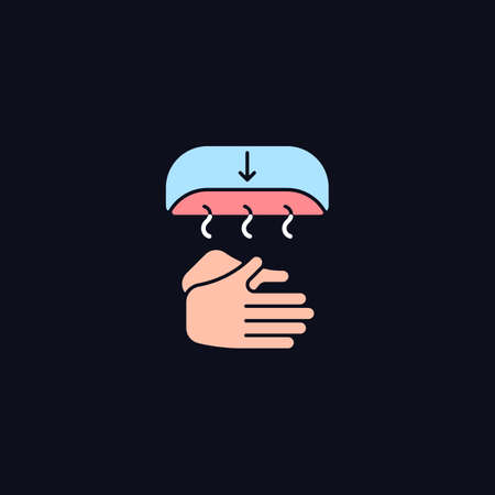 Air dry hands RGB color icon for dark theme. Hygienic alternative. Hand-drying method. Public washroom. Isolated vector illustration on night mode background. Simple filled line drawing on blackのイラスト素材