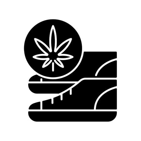 Sustainable shoes black glyph icon. Eco friendly footwear. Organic hemp fibers. Recycled sneakers. Water-resistant quality. Silhouette symbol on white space. Vector isolated illustrationのイラスト素材