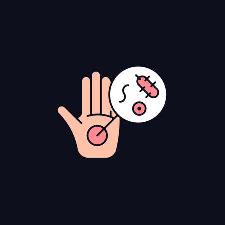 Dirty hands RGB color icon for dark theme. Germs on unwashed hands. Spread diseases through handshake. Isolated vector illustration on night mode background. Simple filled line drawing on blackのイラスト素材