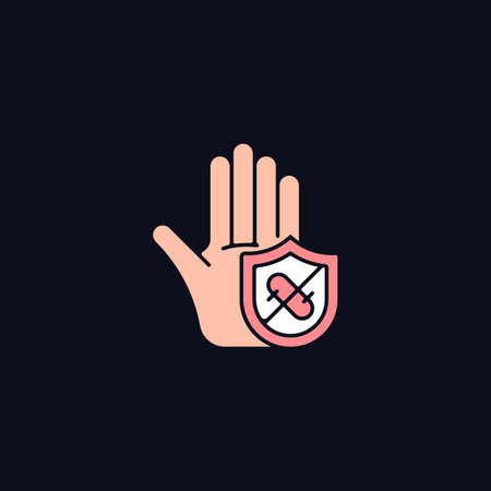 Microbes protection RGB color icon for dark theme. Protect hands against pathogens. Antimicrobial cleansing. Isolated vector illustration on night mode background. Simple filled line drawing on blackのイラスト素材