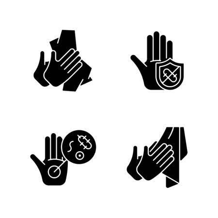 Infection prevention black glyph icons set on white space. Wiping off dirt and germs. Dry hands with towel. Microbes protection. Unwashed hands. Silhouette symbols. Vector isolated illustrationのイラスト素材