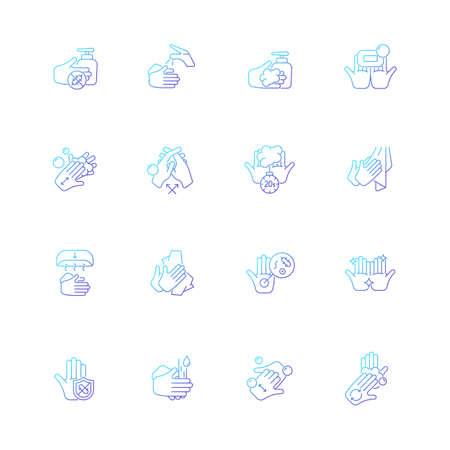 Keeping hands clean gradient linear vector icons set. Washing with soap and water. Remove pathogenic microorganisms. Thin line contour symbols bundle. Isolated outline illustrations collectionのイラスト素材