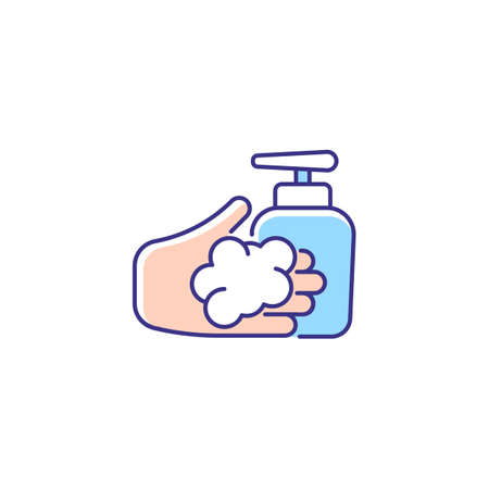 Washing with liquid soap RGB color icon. Minimizing germs transfer risk. Keeping hands smooth and moisturized. Antimicrobial skin cleanser. Isolated vector illustration. Simple filled line drawingのイラスト素材