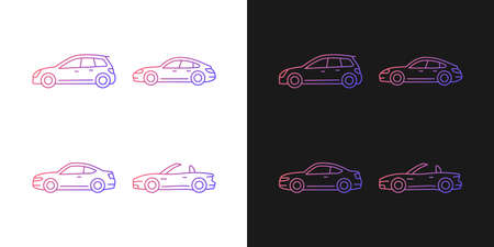 Practical sports cars gradient icons set for dark and light mode. Hatchback model. Sports sedan. Thin line contour symbols bundle. Isolated vector outline illustrations collection on black and whiteのイラスト素材