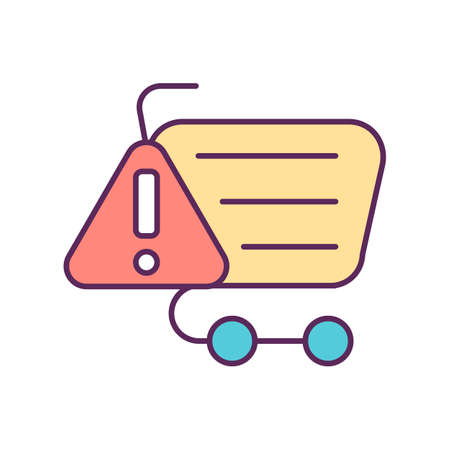 Shopping trolley with warning sign RGB color icon. Buying at supermarket. Stop consumerism. Avoid excessive and mindless consumption. Isolated vector illustration. Simple filled line drawingのイラスト素材