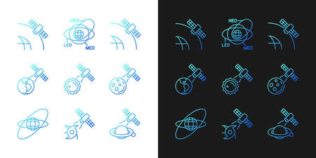 Satellites functions gradient icons set for dark and light mode for dark and light mode. Thin line contour symbols bundle. Isolated vector outline illustrations collection on black and whiteのイラスト素材