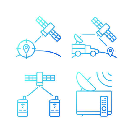Communications satellites gradient linear vector icons set. Global telecommunications network connection. Thin line contour symbols bundle. Isolated outline illustrations collectionのイラスト素材
