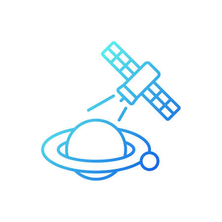 Planets observation process gradient linear vector icon. Capturing planetary anomalies by artifial satelite. Thin line color symbol. Modern style pictogram. Vector isolated outline drawingのイラスト素材
