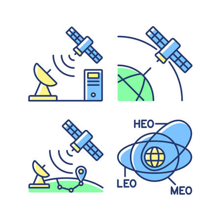 Satellite radionavigation green, blue RGB color icons set. Transmission Control Protocol standarts. Satellite orbits. Isolated vector illustrations. Simple filled line drawings collectionのイラスト素材