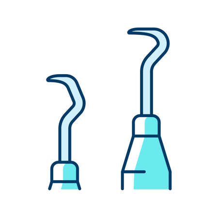Scaler and curette RGB color icon. Sharp instruments for periodontal procedures. Removing plaque buildup. Root planing. Dental cleaning. Isolated vector illustration. Simple filled line drawingのイラスト素材